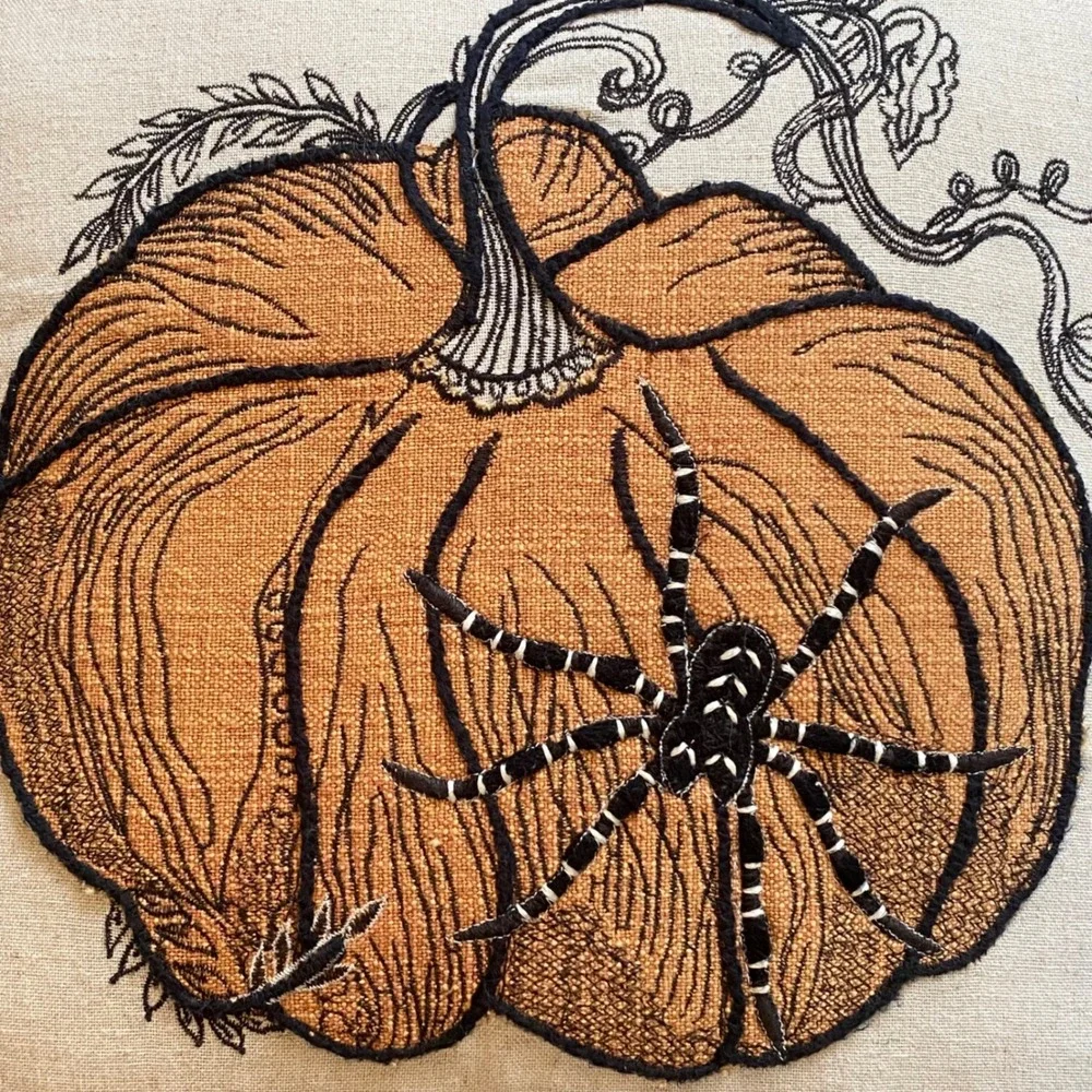 Halloween Pumpkin Spider Embroidered Throw Pillow Beige Orange Fall Decor